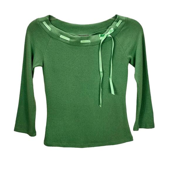 VTG ONE HEART Green Y2K Preppy Boat Neck Bow Coquette 90s Knit  Sweater Sz Small - Picture 1 of 5